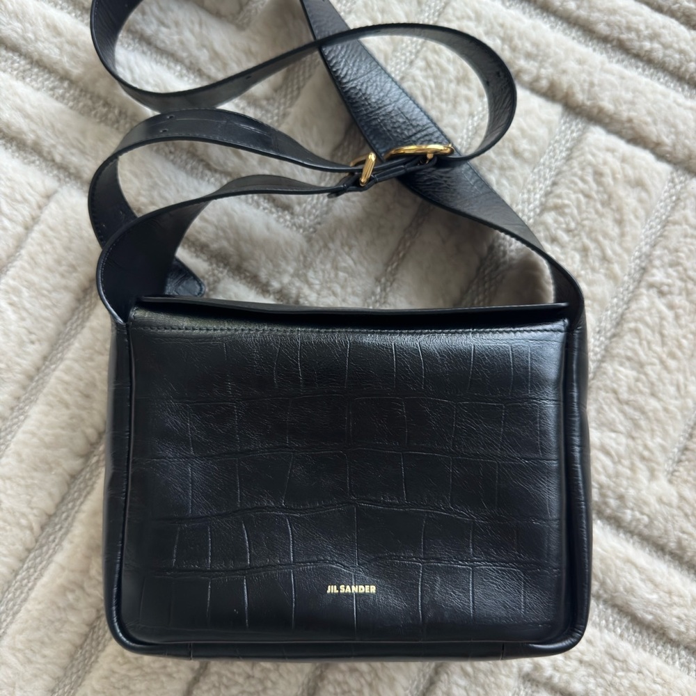 Jil Sander Black Croc-Embossed Leather Shoulder Bag